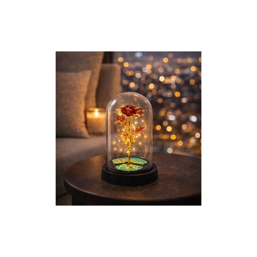 Wieczna Kryształowa Róża w Kopule z Oświetleniem LED Czerwona 21x11cm