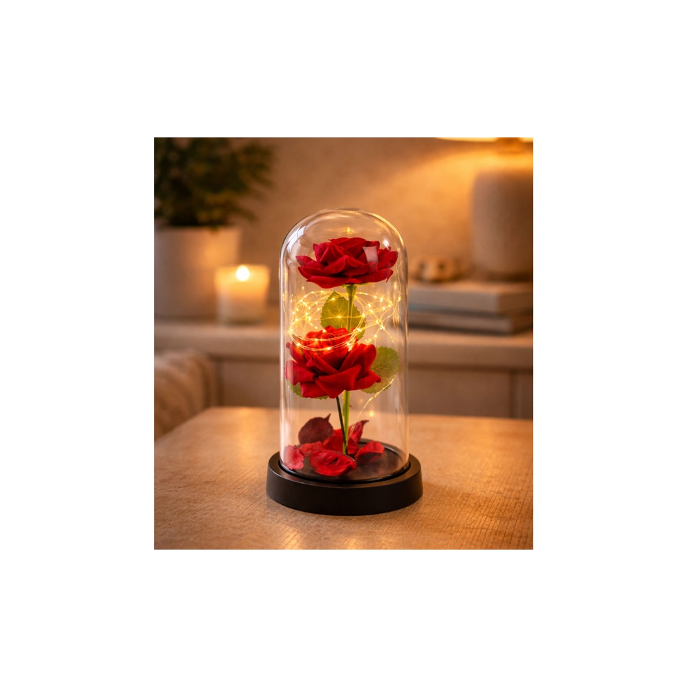 Amžinosios 2 rožės kupole su LED apšvietimu ir rožių žiedlapiais Raudona 21x11cm