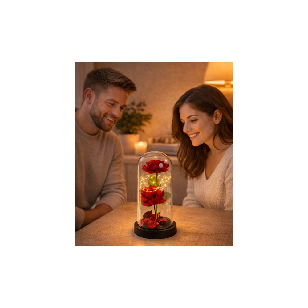 Amžinosios 2 rožės kupole su LED apšvietimu ir rožių žiedlapiais Raudona 21x11cm