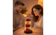 Wieczne 2 Róże w Kopule z Oświetleniem LED i Płatkami Róż Czerwone 21x11cm
