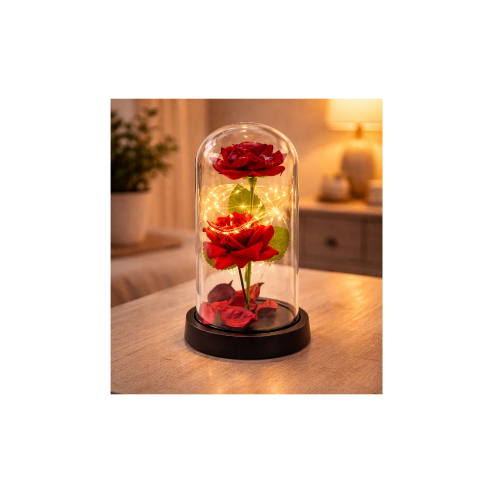 Amžinosios 2 rožės kupole su LED apšvietimu ir rožių žiedlapiais Raudona 21x11cm