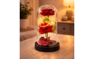 Amžinosios 2 rožės kupole su LED apšvietimu ir rožių žiedlapiais Raudona 21x11cm