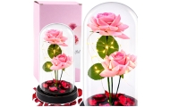 Amžinoji rožė kupole su LED apšvietimu ir rausvais žiedlapiais 21x11cm