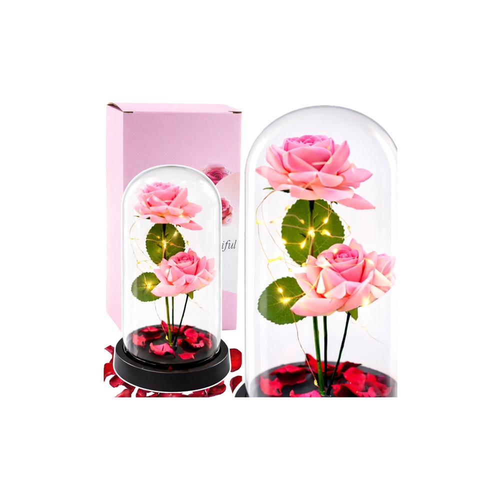 Amžinoji rožė kupole su LED apšvietimu ir rausvais žiedlapiais 21x11cm-Namai, laisvalaikis, turizmas, Namų apyvokos prekės-e-vai