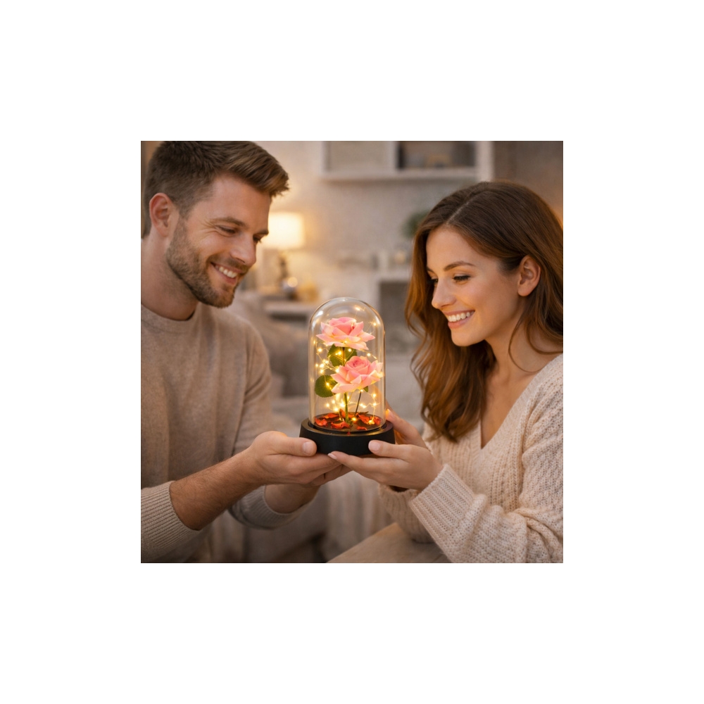 Amžinoji rožė kupole su LED apšvietimu ir rausvais žiedlapiais 21x11cm-Namai, laisvalaikis, turizmas, Namų apyvokos prekės-e-vai