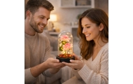 Amžinoji rožė kupole su LED apšvietimu ir rausvais žiedlapiais 21x11cm
