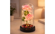 Amžinoji rožė kupole su LED apšvietimu ir rausvais žiedlapiais 21x11cm