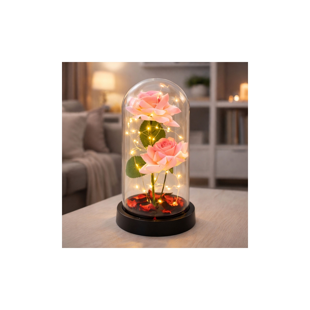 Amžinoji rožė kupole su LED apšvietimu ir rausvais žiedlapiais 21x11cm-Namai, laisvalaikis, turizmas, Namų apyvokos prekės-e-vai