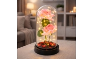 Amžinoji rožė kupole su LED apšvietimu ir rausvais žiedlapiais 21x11cm