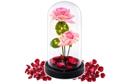 Amžinoji rožė kupole su LED apšvietimu ir rausvais žiedlapiais 21x11cm