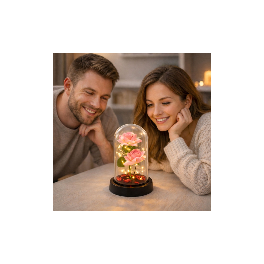Amžinoji rožė kupole su LED apšvietimu ir rausvais žiedlapiais 21x11cm-Namai, laisvalaikis, turizmas, Namų apyvokos prekės-e-vai
