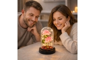 Wieczne Róże w Kopule z Oświetleniem LED i Płatkami Róż Różowe 21x11cm