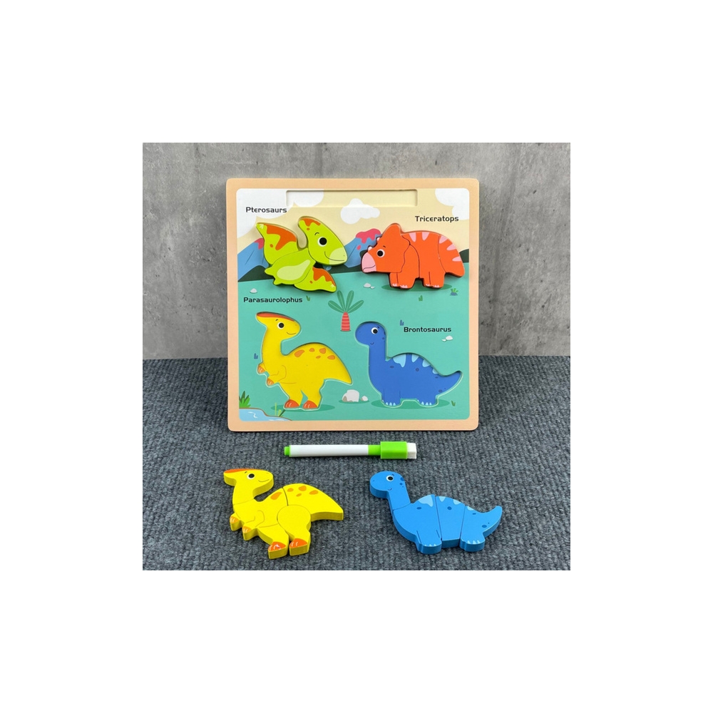 Edukacinė medinė dinozaurų dėlionė su piešimo lenta 2in1