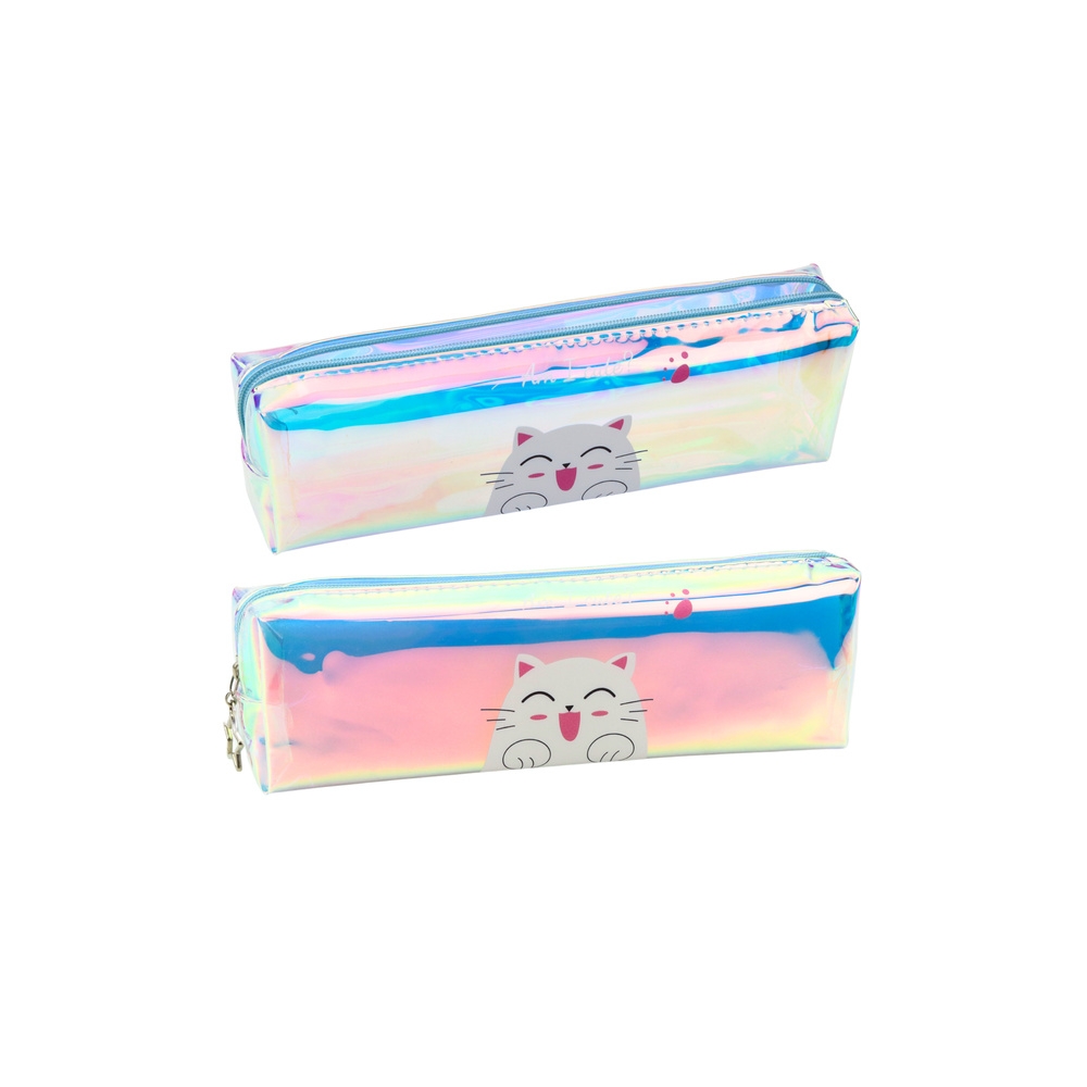 Vaikiškas holografinis mokyklinis pieštukinis dėklas su katinu mėlynas 21x6cm