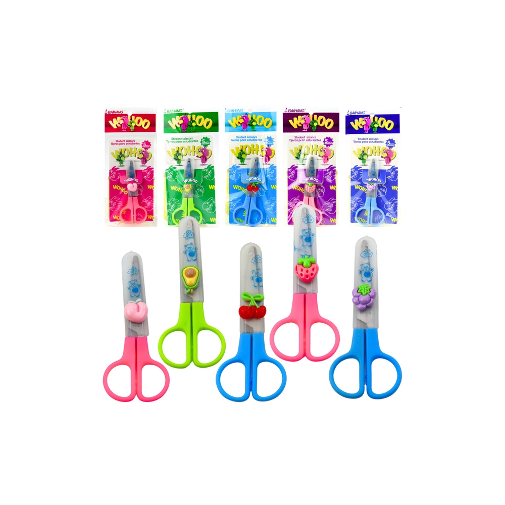 Dviejų rankų mokyklinės žirklės su apsauginiu dangteliu Mix 12 cm