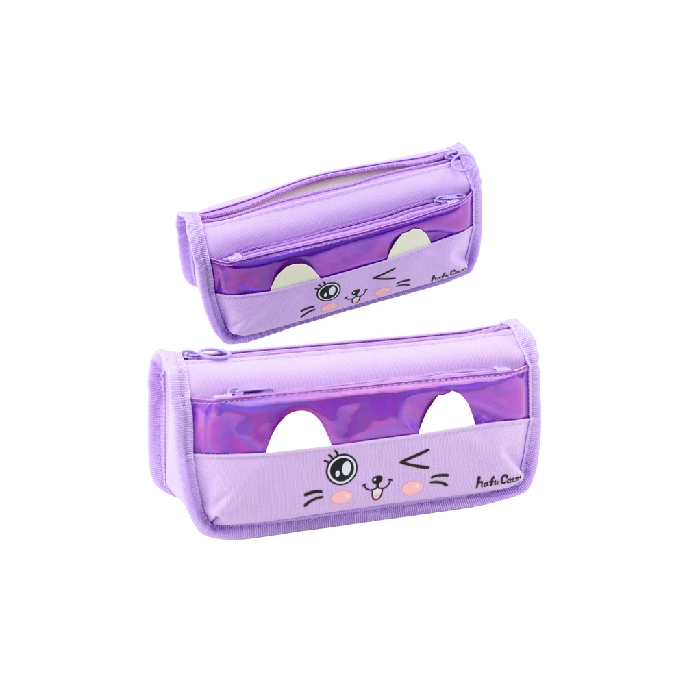 Mokyklinis penalas Dvi kišenės Katės motyvas Violetinė 22cm