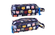 School Pencil Case Colorful Cats Two Pockets Navy Blue 22cm