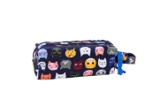 School Pencil Case Colorful Cats Two Pockets Navy Blue 22cm