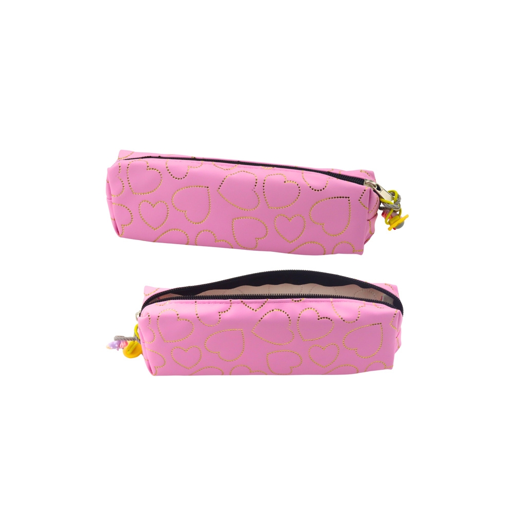 Vieno skyriaus pieštukų dėklas 20x6,5 cm, Golden Hearts rožinis