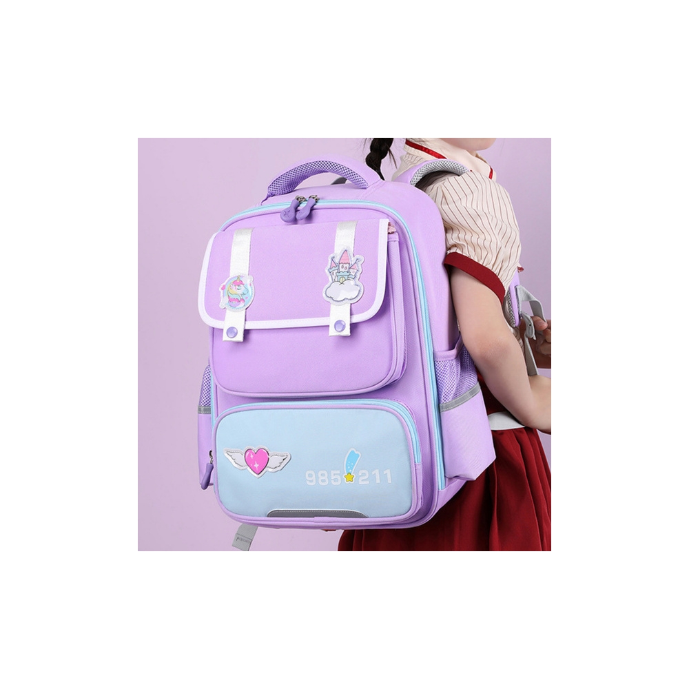 School Backpack With Patches Chest Strap Purple 16L