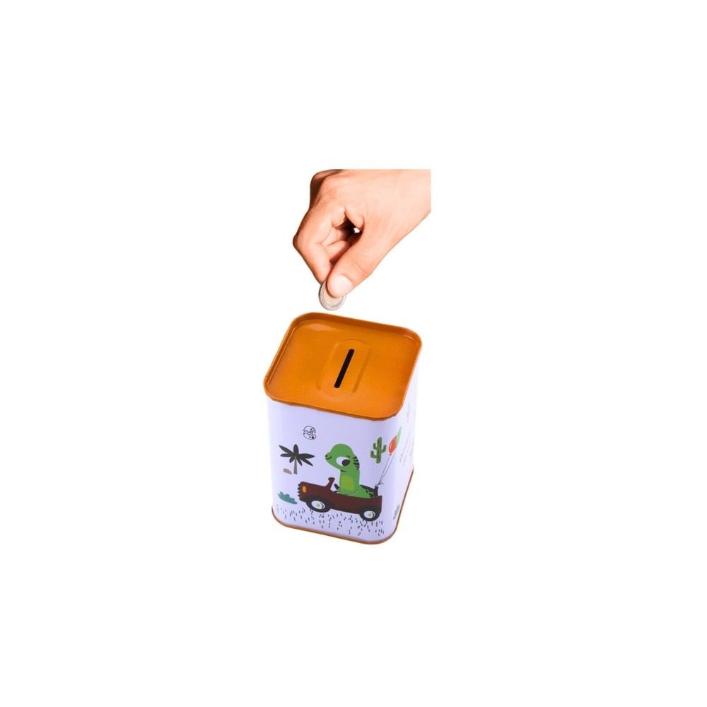 Metalinė taupyklė Dinozauras automobilyje balta 11x8cm-Dovanoms, Taupyklės-e-vaikas