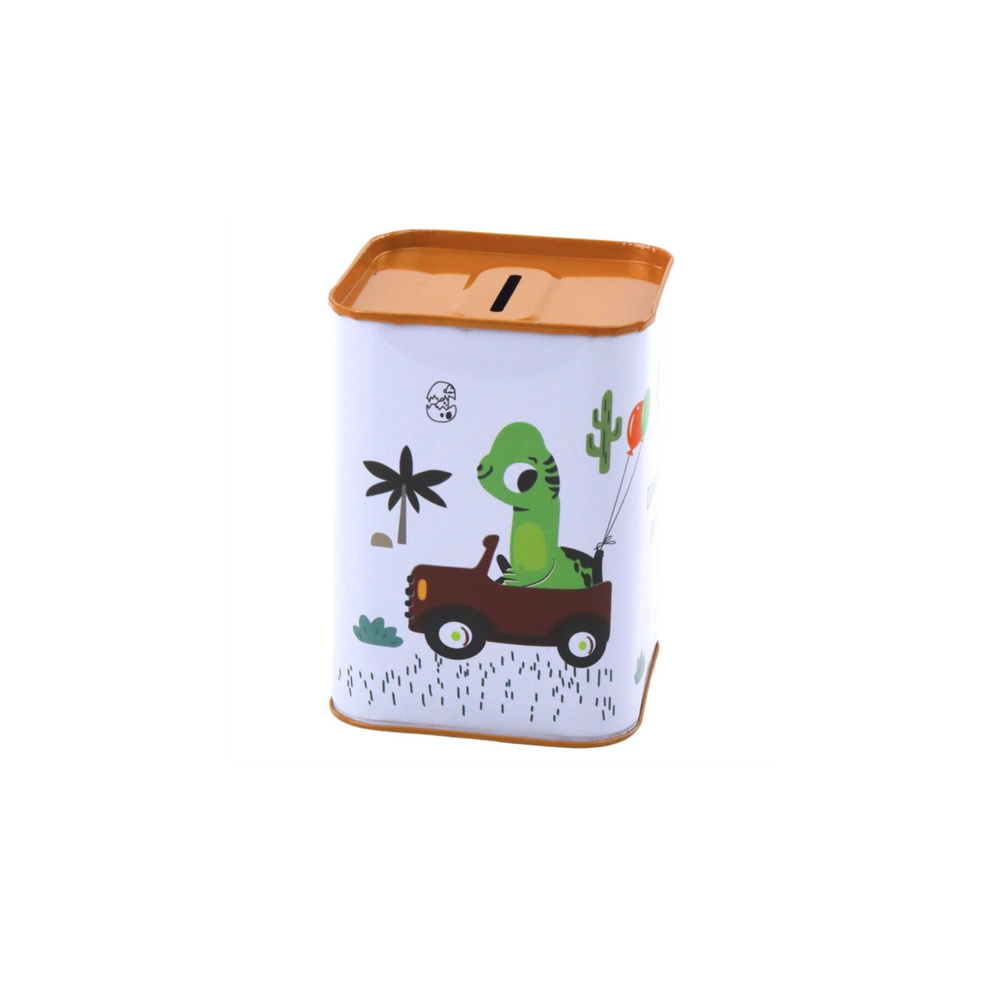 Metalinė taupyklė Dinozauras automobilyje balta 11x8cm-Dovanoms, Taupyklės-e-vaikas