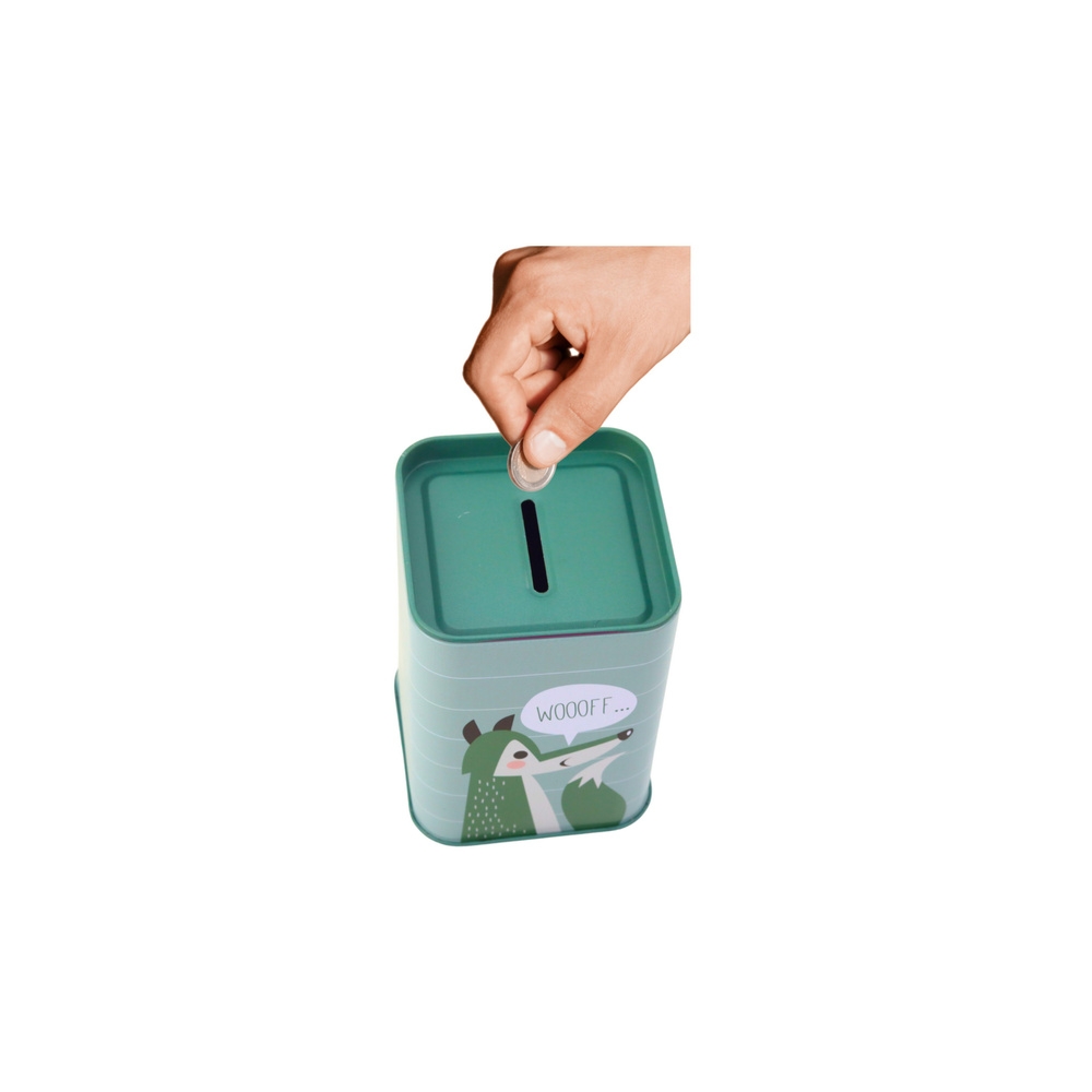 Piggy bank Fox Metal Learning to save Green 11x8cm