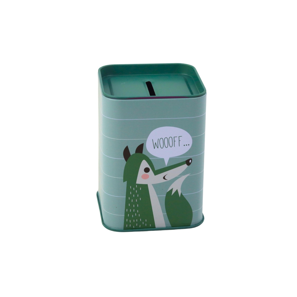 Piggy bank Fox Metal Learning to save Green 11x8cm