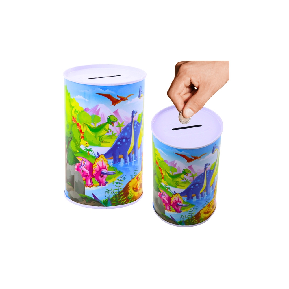 Metalinė taupyklė su spalvotų dinozaurų motyvais 13 x 8 cm-Dovanoms, Taupyklės-e-vaikas