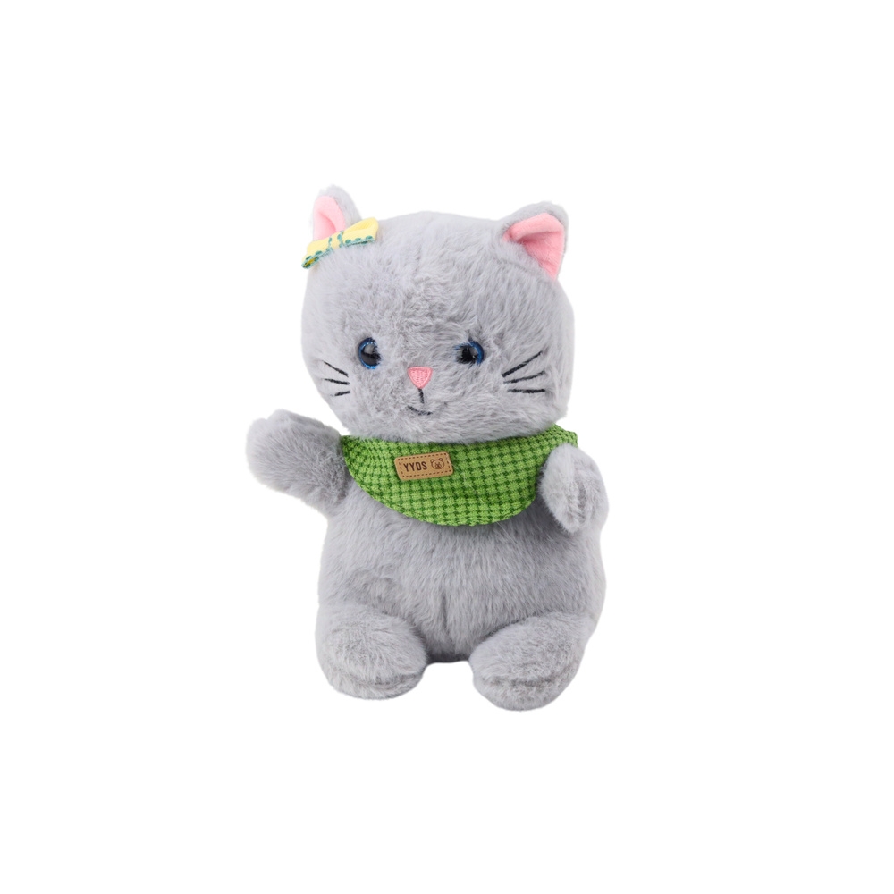 Talismanas Pliušinis apkabinamas katinas Pilka žalia skara Cocard 22cm
