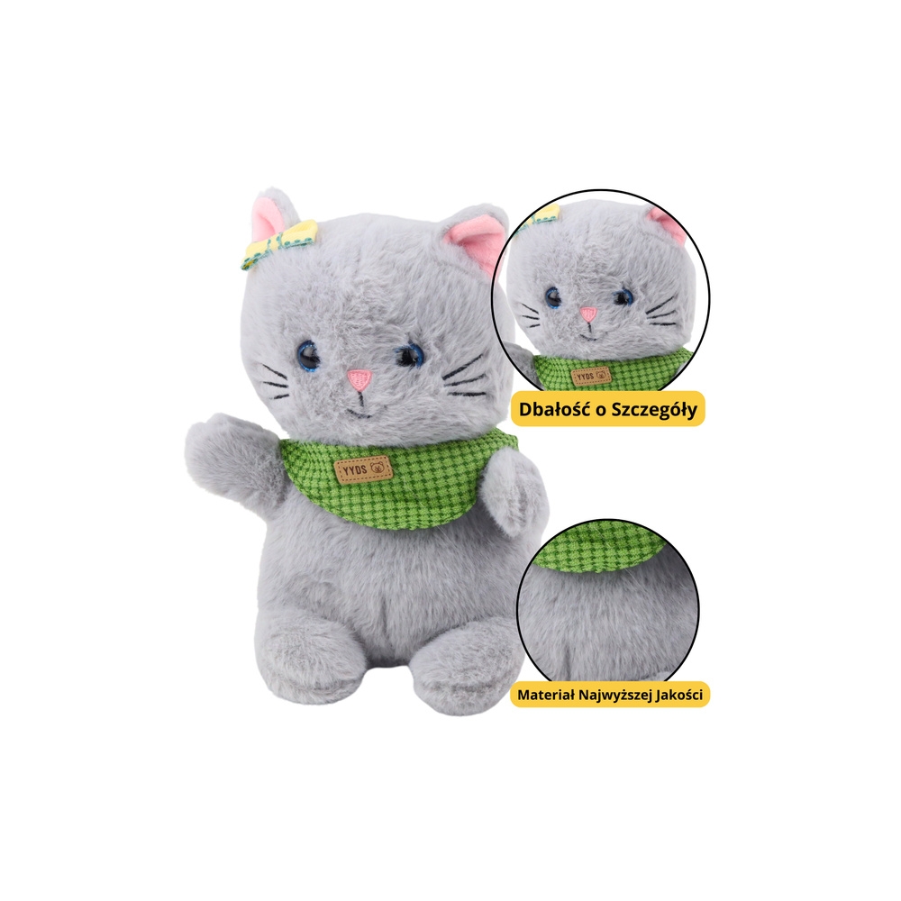 Talismanas Pliušinis apkabinamas katinas Pilka žalia skara Cocard 22cm