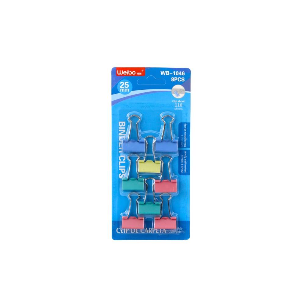 Spalvotų biuro spaustukų rinkinys 8 vnt 25 mm