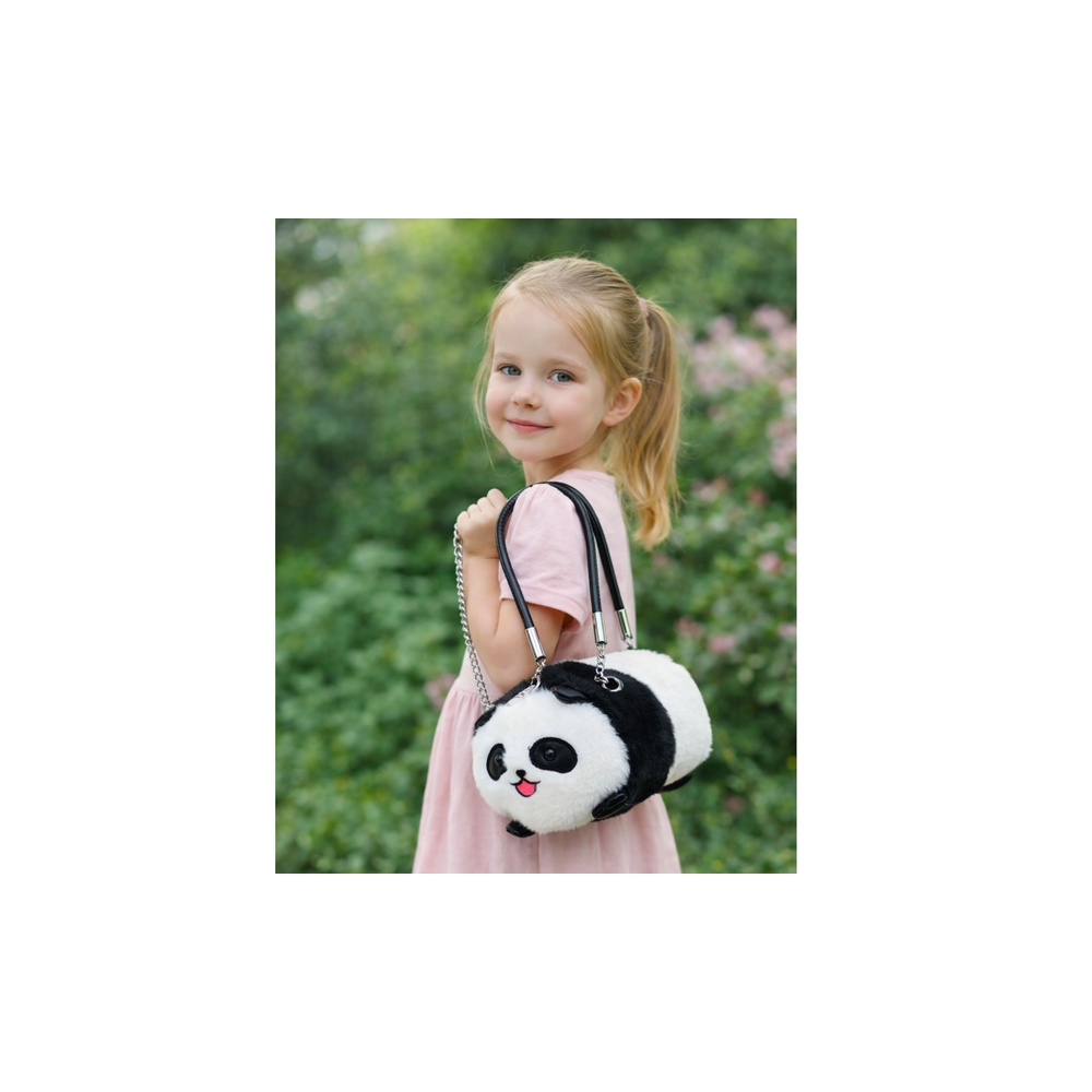 Pliušinė panda krepšys rankenos metalo grandinė juoda balta 20cm
