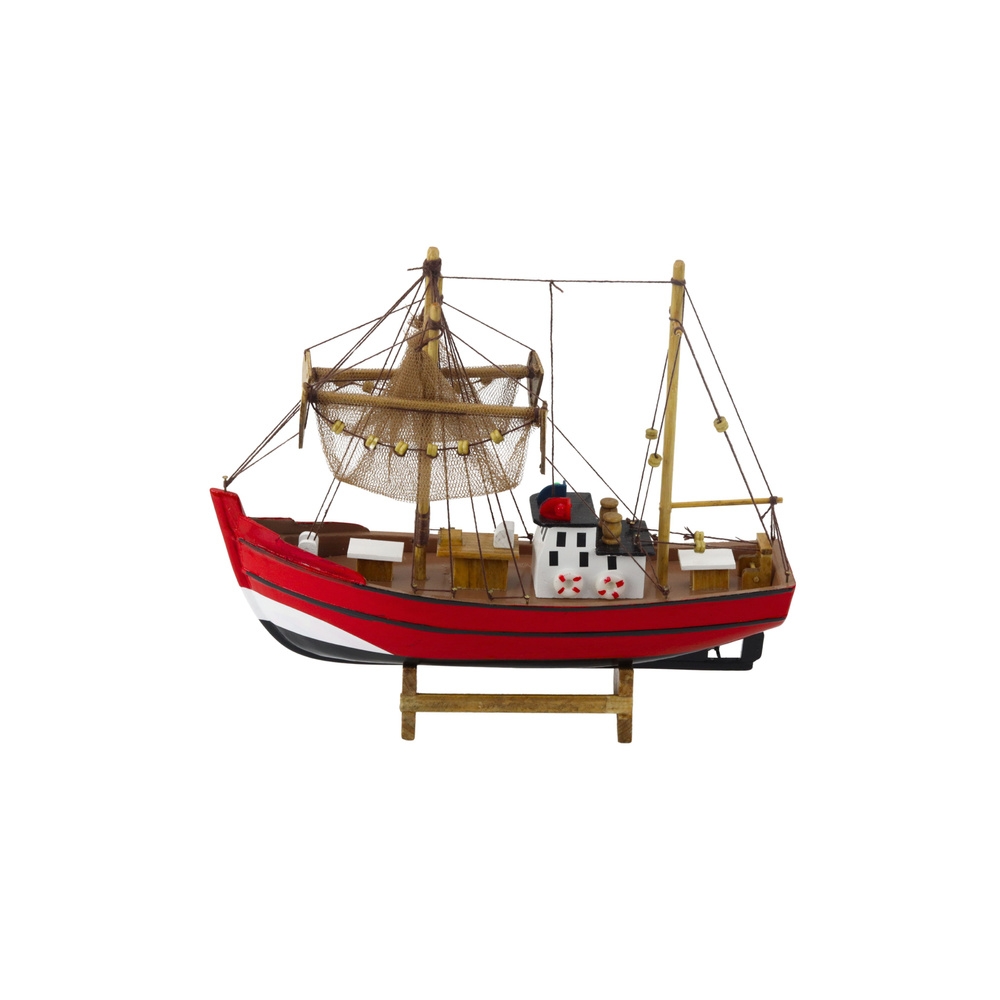 Kolekcinis dekoratyvinio žvejybos laivo modelis raudonas 30x26cm