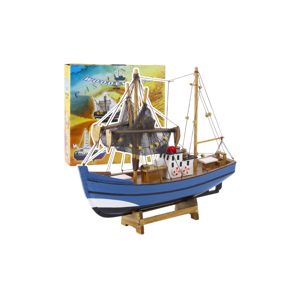 Kolekcinis dekoratyvinio žvejybos laivo modelis mėlynas 30x26cm