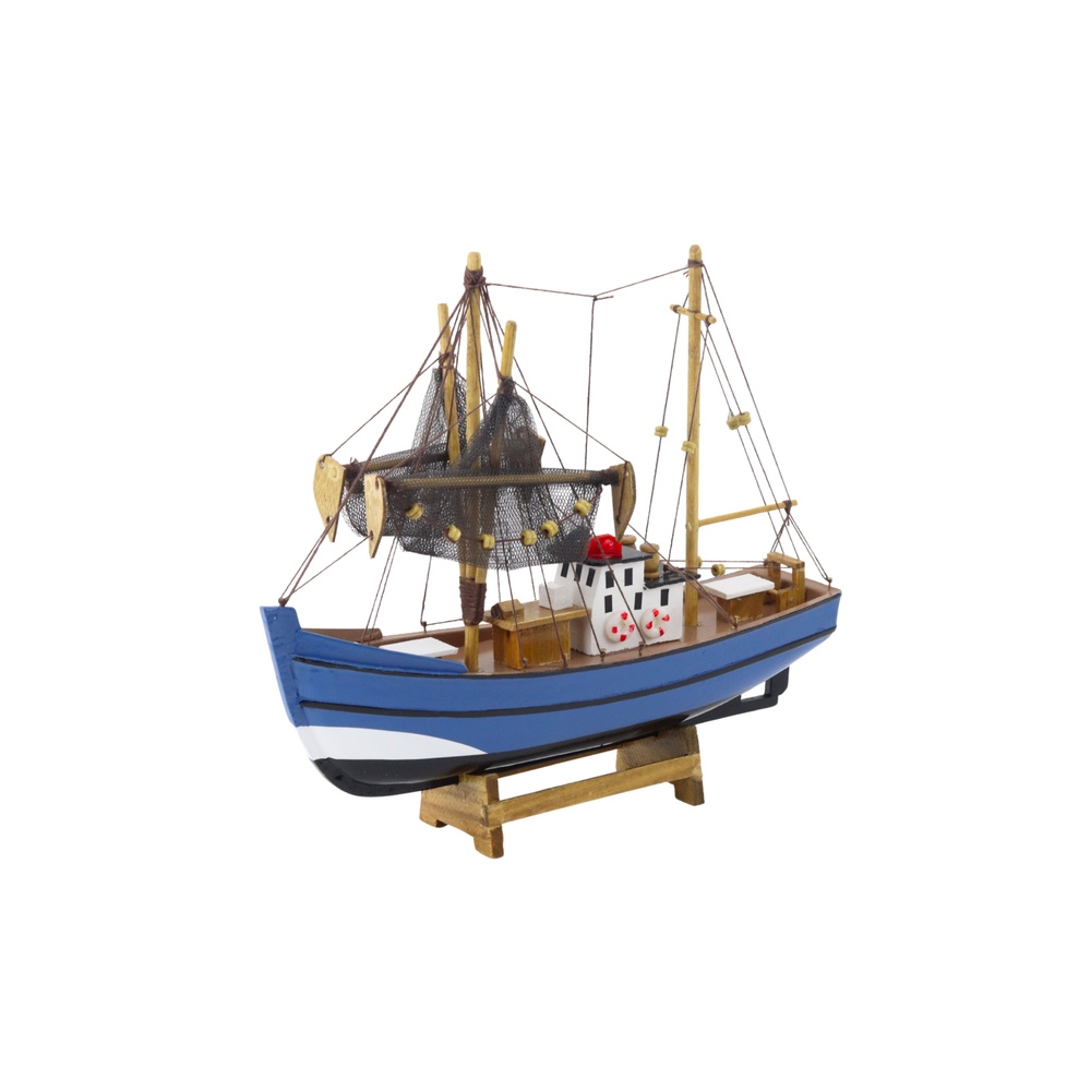 Kolekcinis dekoratyvinio žvejybos laivo modelis mėlynas 30x26cm