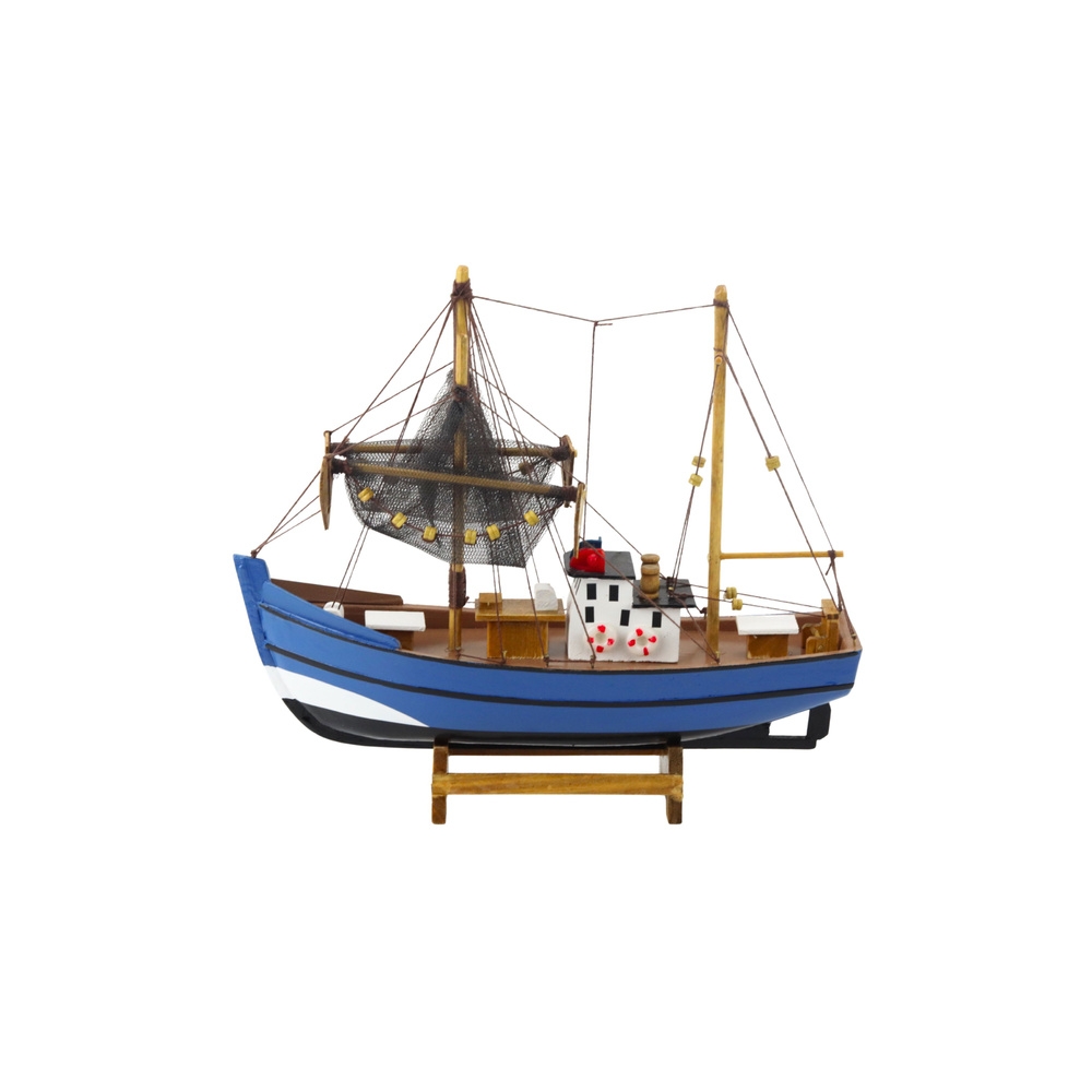 Kolekcinis dekoratyvinio žvejybos laivo modelis mėlynas 30x26cm