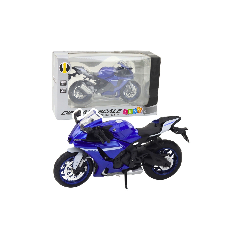 Sportinis metalinis motociklas žibintai Garsas mėlyna R1 1:12