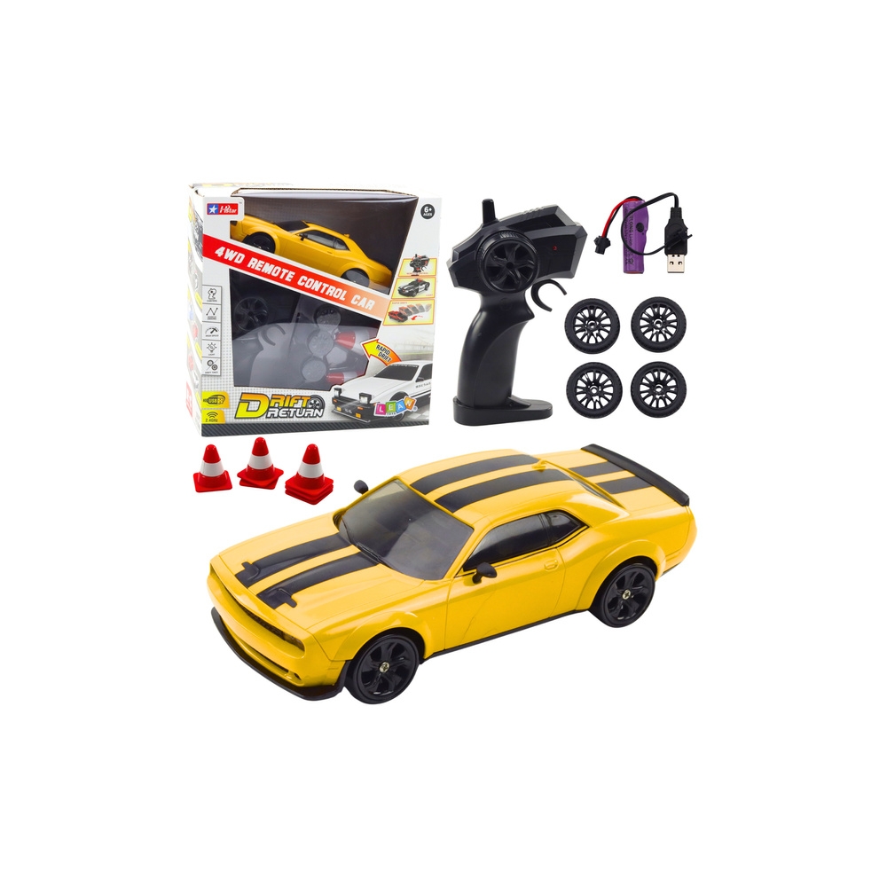 Drifto sportinis automobilis su keičiamais ratais nuotolinio valdymo RC 4WD geltonas sportinis automobilis