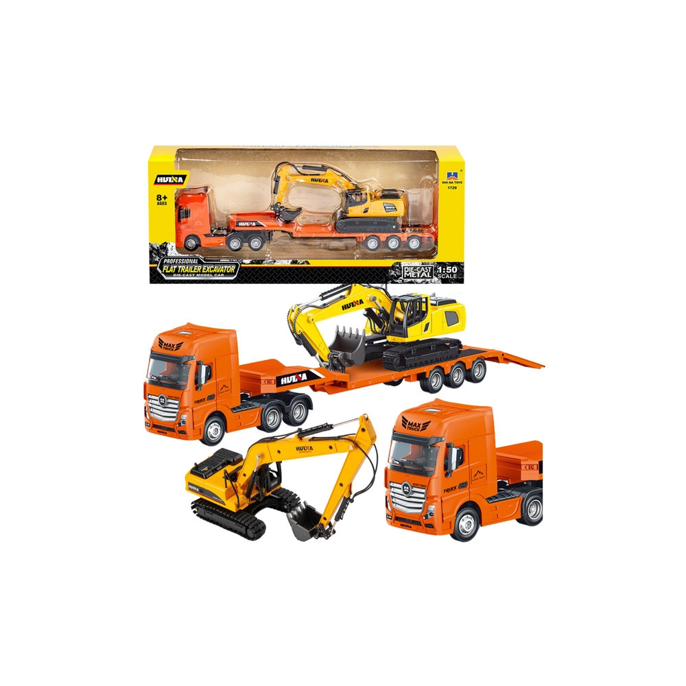 Sunkvežimis su priekaba Metalinis ekskavatorius Huina Orange 1:50