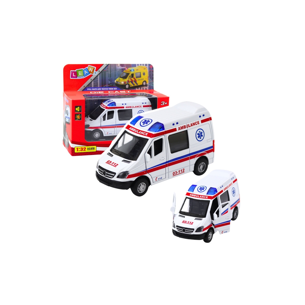 Karetka Ambulans Metalowy Z Napędem Pull Back Światła Dźwięki Biały 1:32
