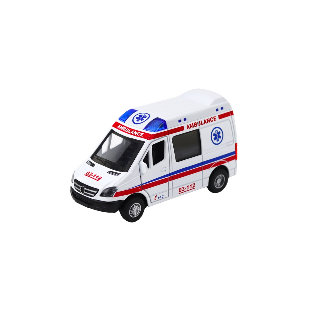 Karetka Ambulans Metalowy Z Napędem Pull Back Światła Dźwięki Biały 1:32