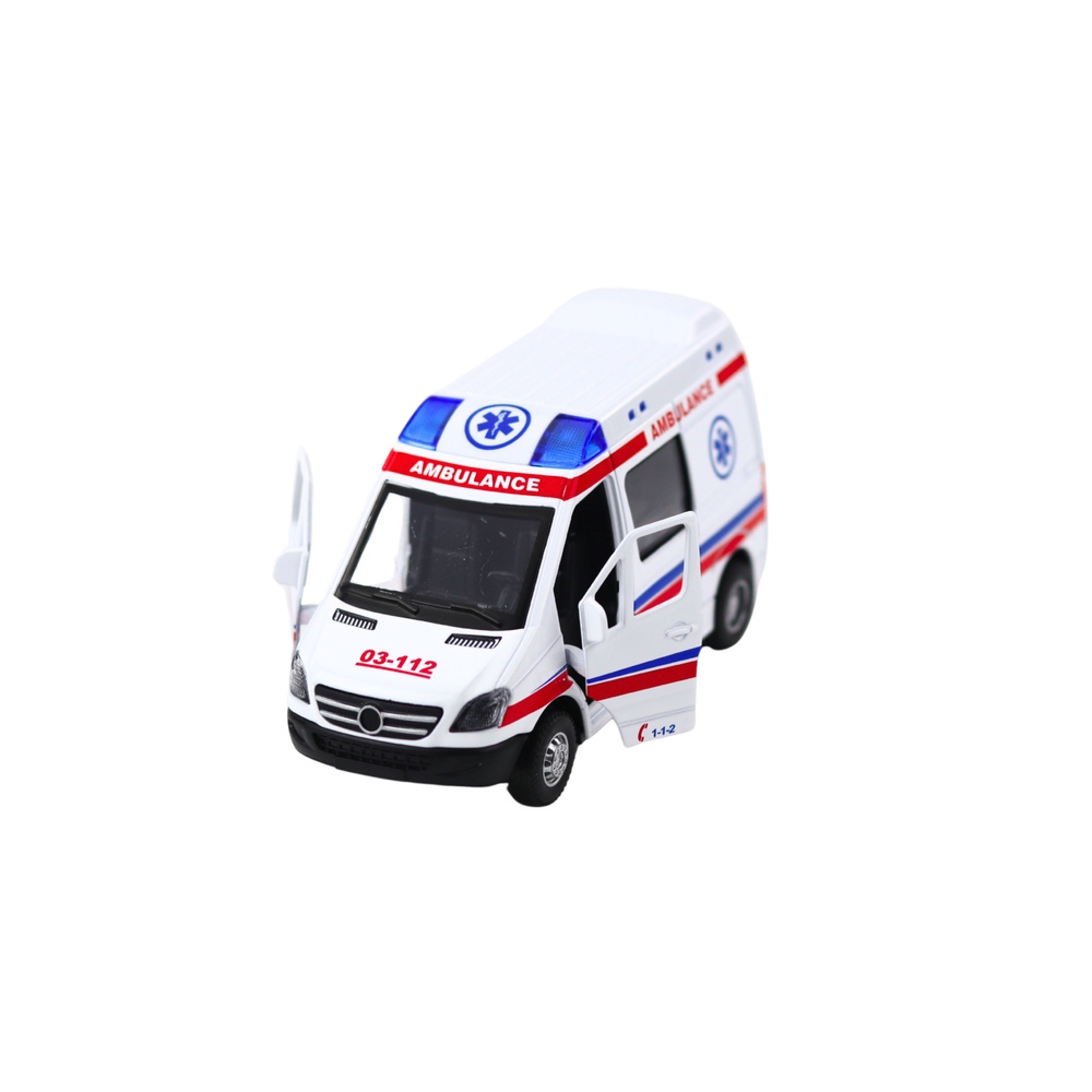 Karetka Ambulans Metalowy Z Napędem Pull Back Światła Dźwięki Biały 1:32