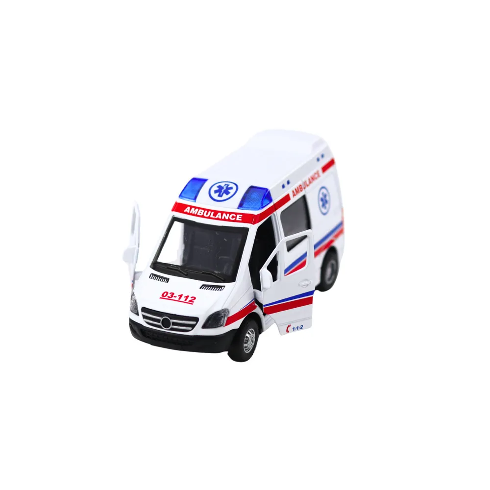 Metalinis greitosios pagalbos automobilis su ištraukiamaisiais disko žibintais skamba baltai 1:32-Žaislai, Auto ir transporto ža