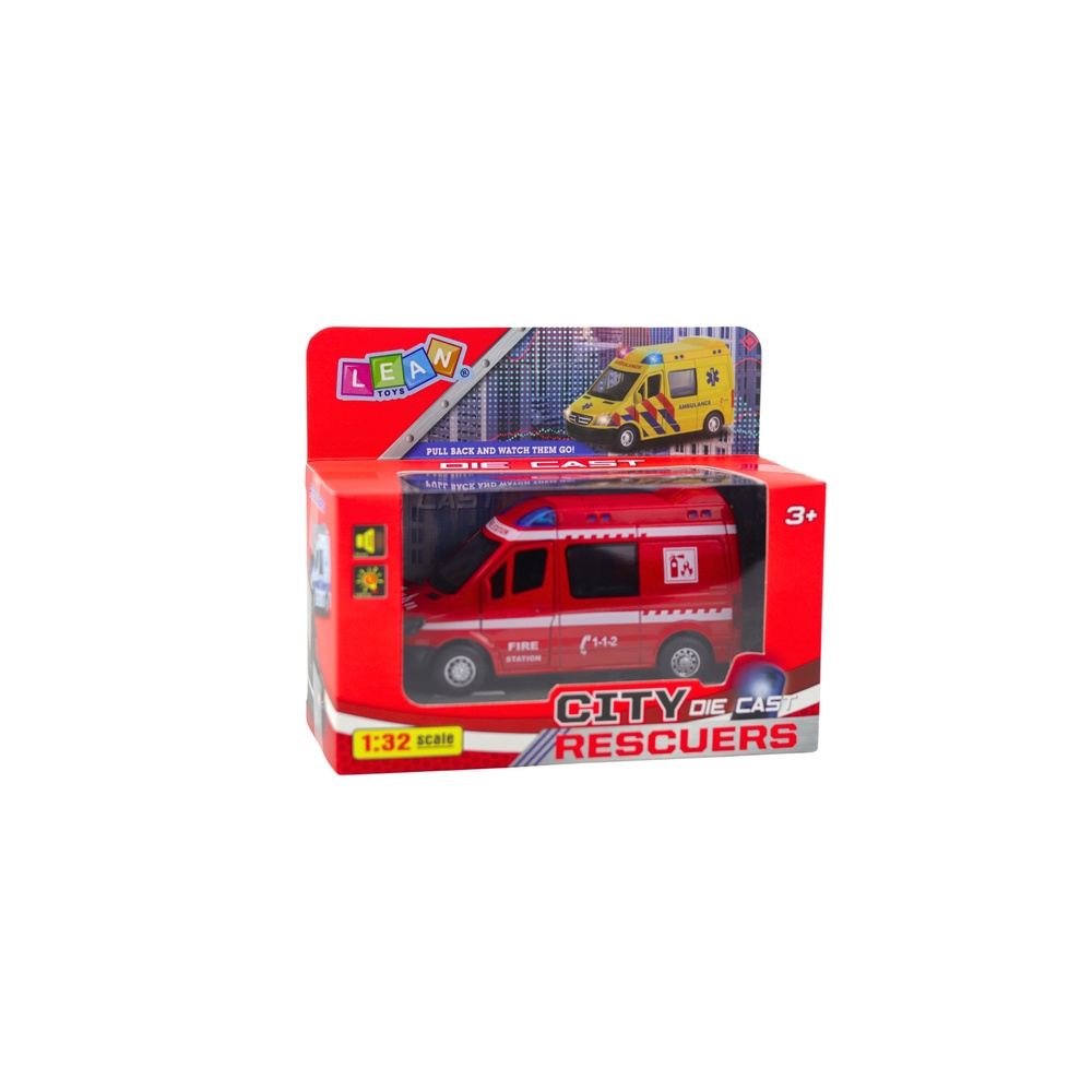Metalinis gaisrinės brigados sunkvežimis Drive Pull Back Lights Sounds Red 1:32-Žaislai, Auto ir transporto žaislai, Mašinos-e-v