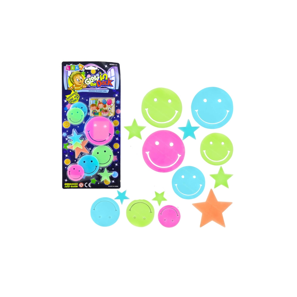Fluorescenciniai šviečiantys sienų lipdukai Smiley Stars Spalvoti 10 el.