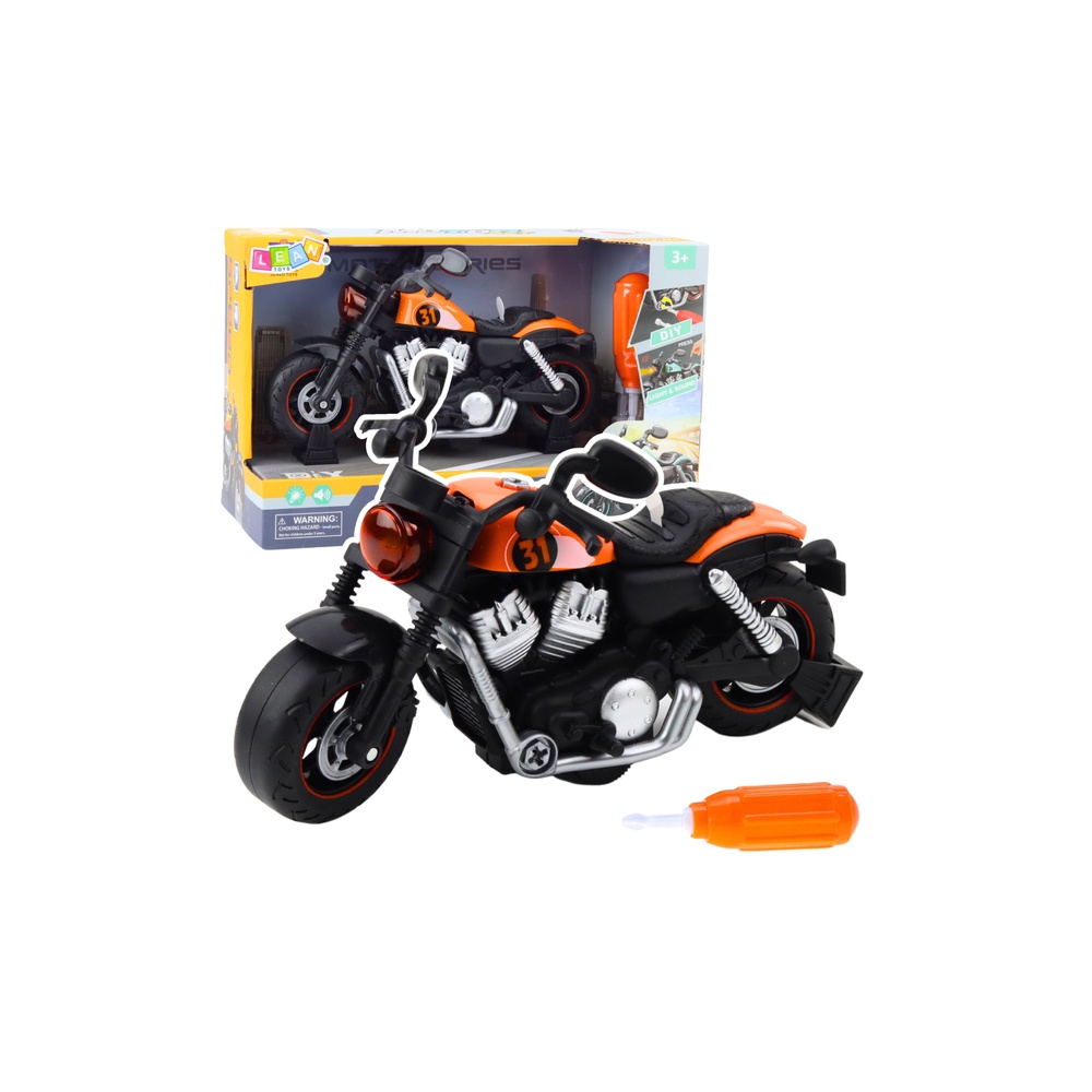 Motociklas su garsais ir šviesomis oranžinis