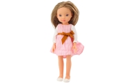 Doll in a pink dress with a bow, long brown hair