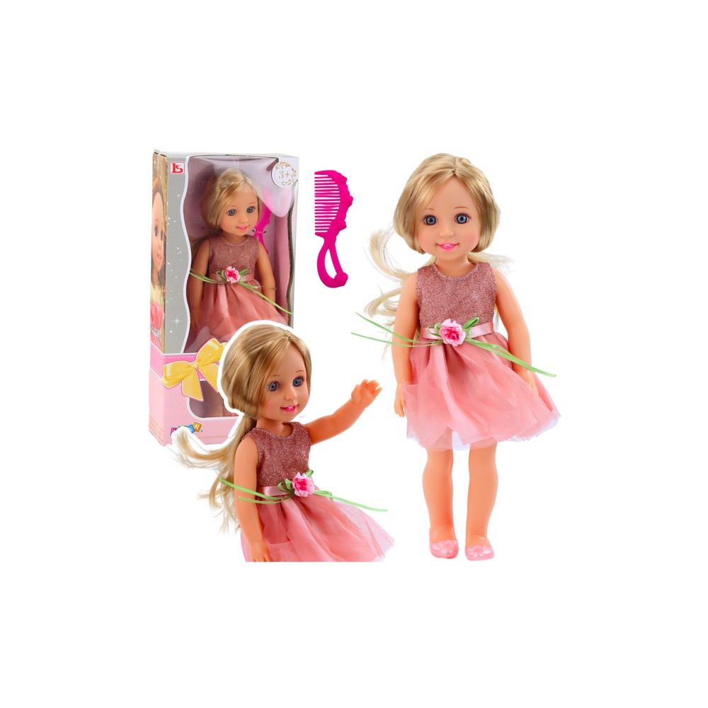 Lalka W Sukience z Kokardką Długie Włosy Różowa Grzebień 38cm