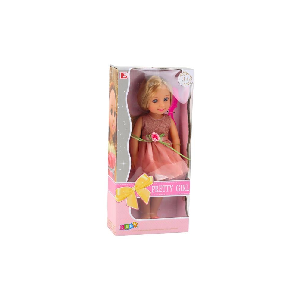 Lalka W Sukience z Kokardką Długie Włosy Różowa Grzebień 38cm